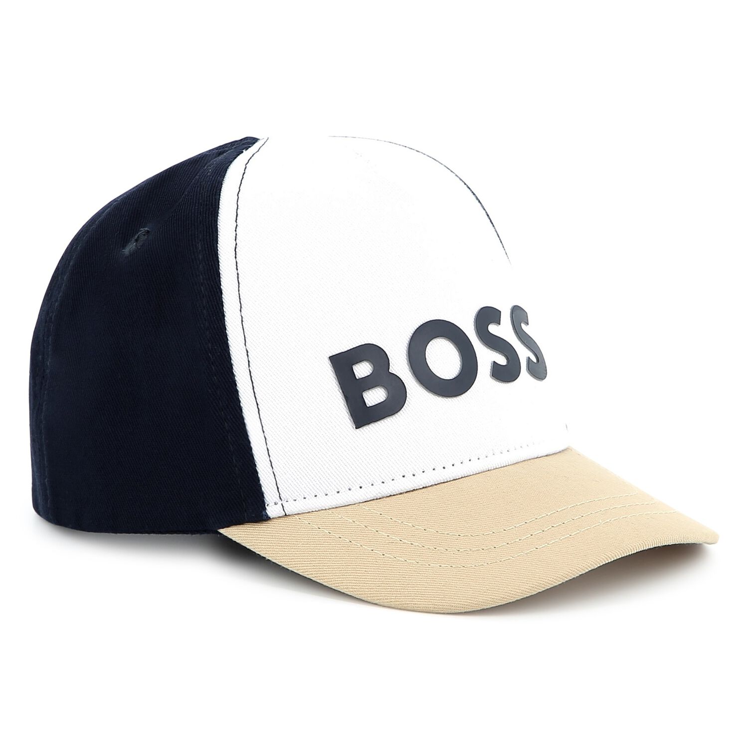 Baby Boys White, Navy Blue & Beige Logo Cap, 1, hi-res