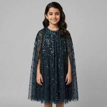 Girls Blue Sequin & Star Cape Dress 