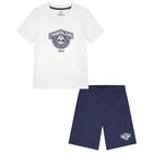 Boys White & Navy Blue Logo Shorts Set, 2, hi-res