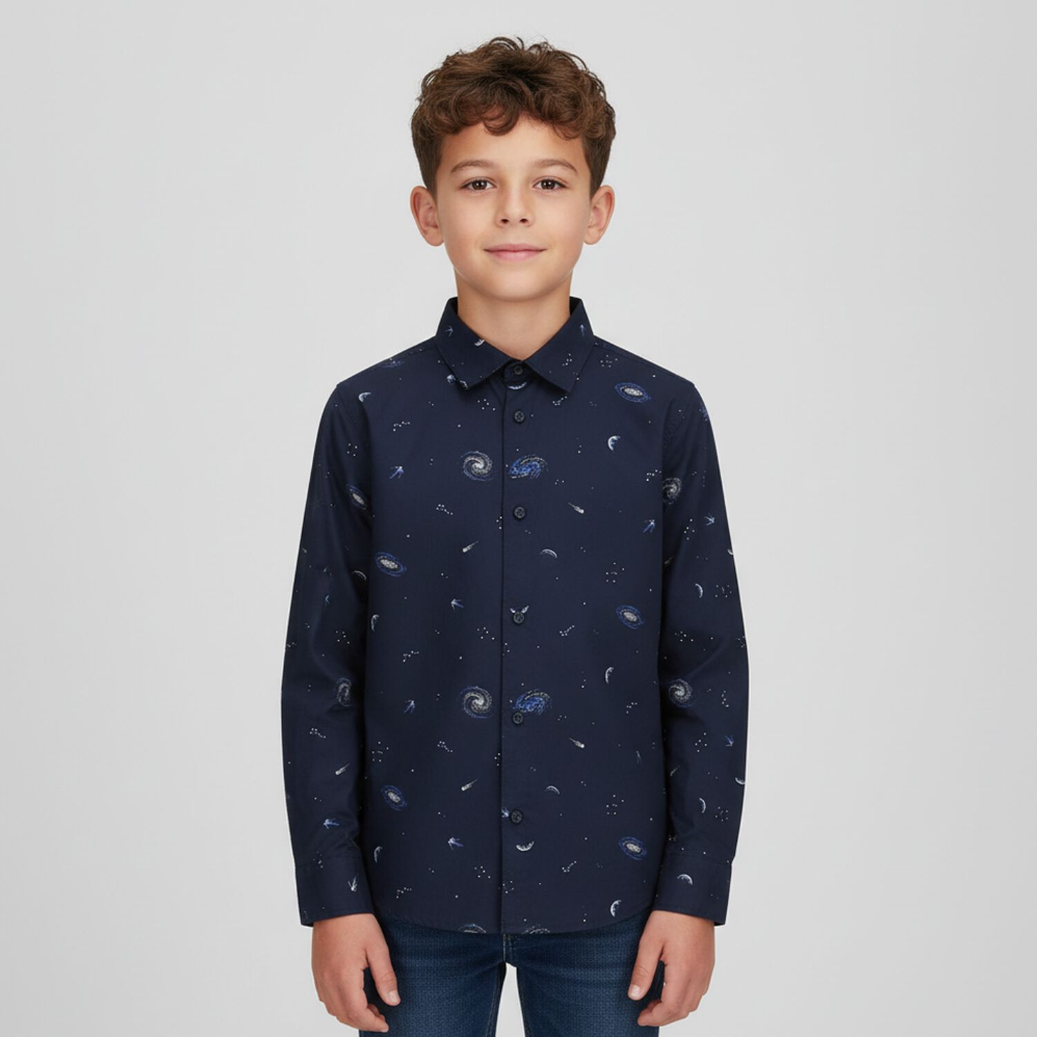 Boys Navy Blue Space Shirt, 1, hi-res