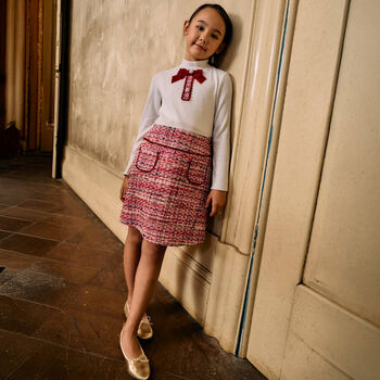 Girls Ivory & Red Tweed Dress
