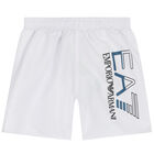 Boys White Logo Swim Shorts, 3, hi-res