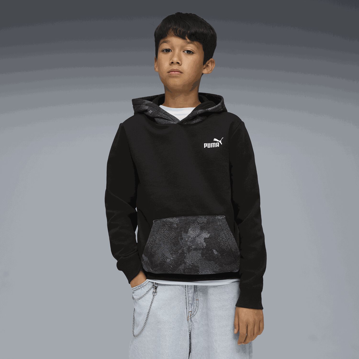 Boys Black Logo Hooded Top, 1, hi-res