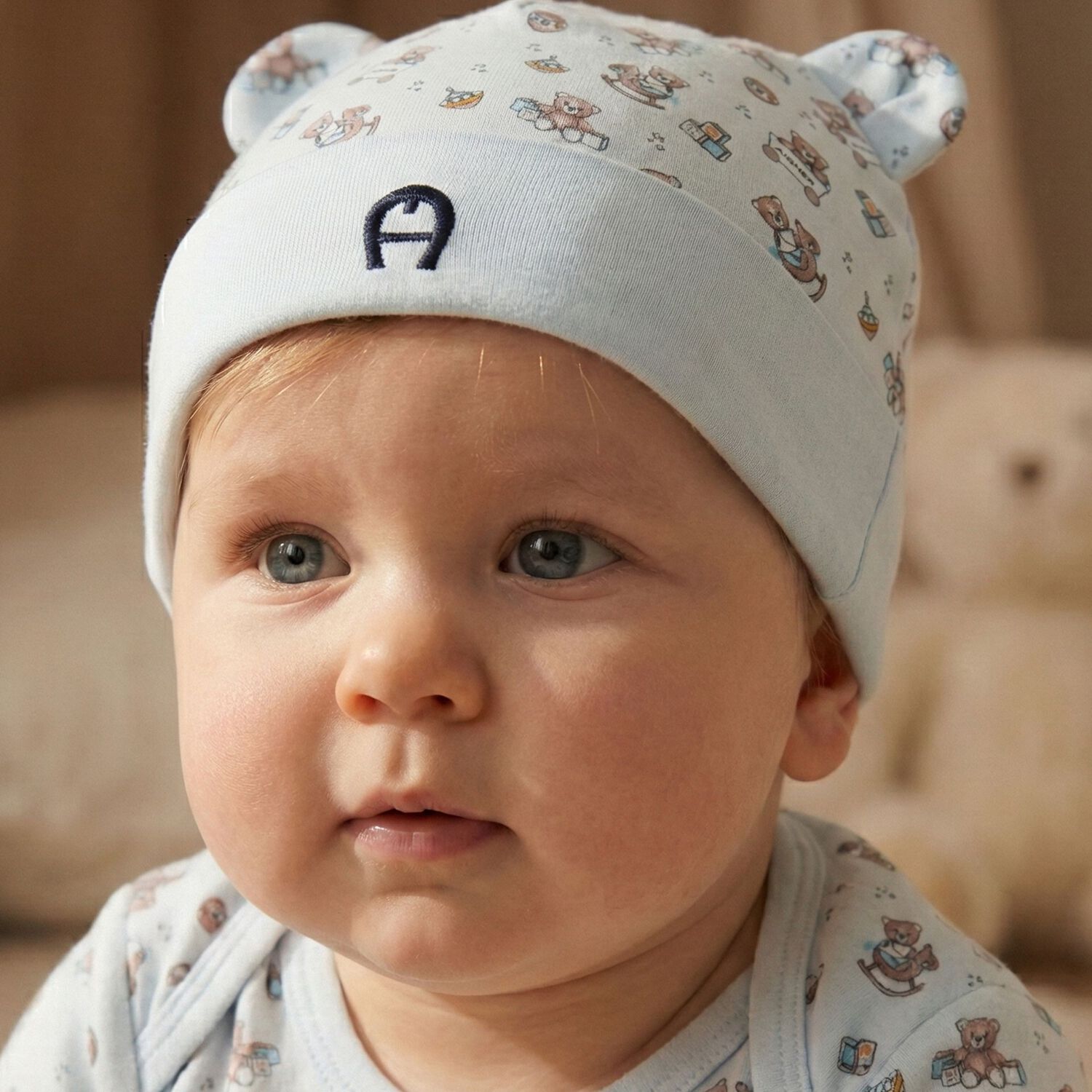 Baby Boys Blue Teddy Bear Logo Hat , 2, hi-res
