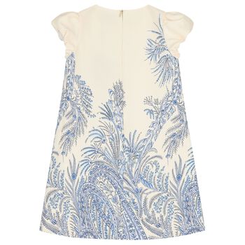 Girls Ivory & Blue Puffed Sleeve Dress