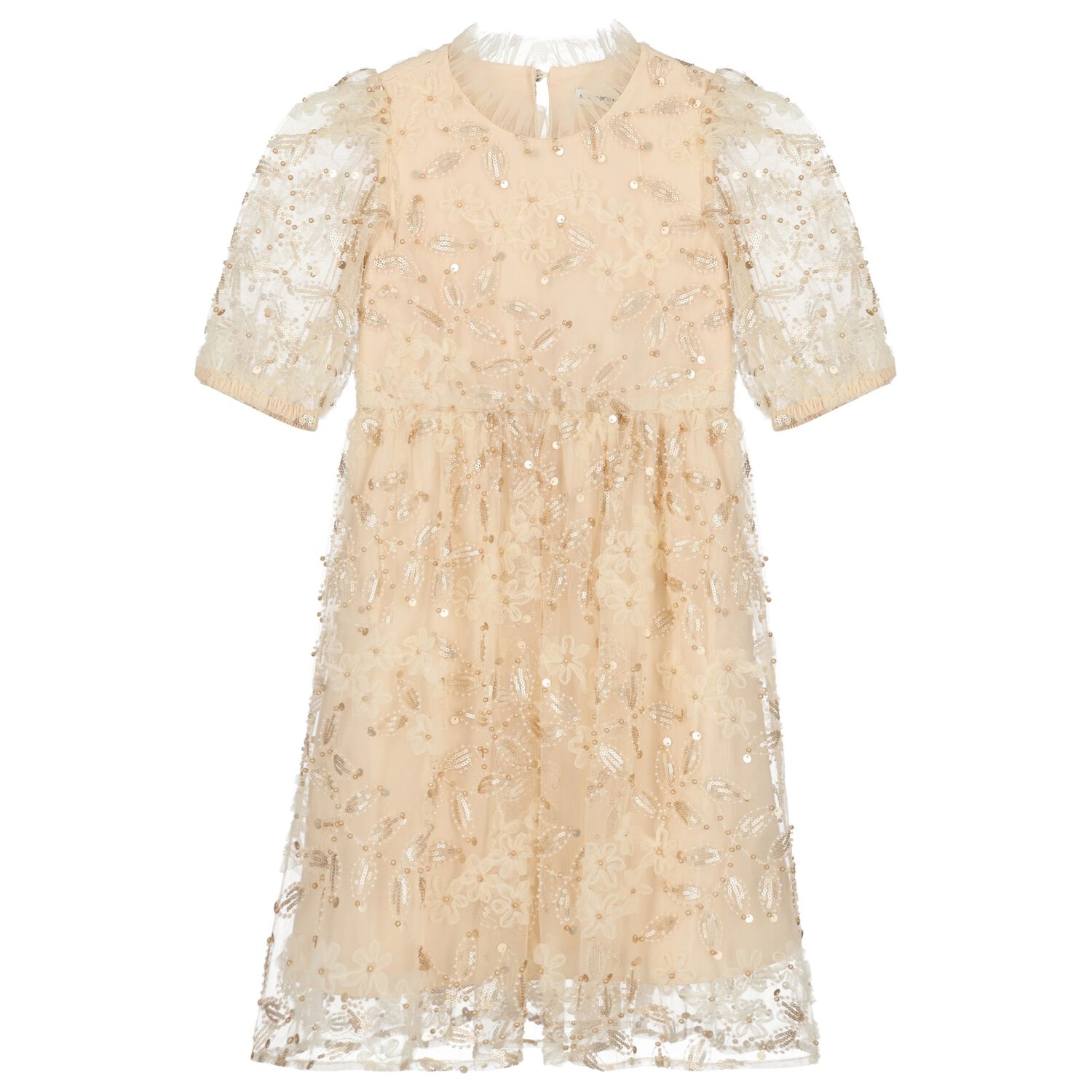 Girls Beige Sequin Tulle Dress, 1, hi-res image number null