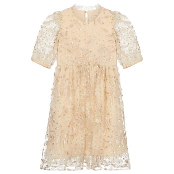 Girls Beige Sequin Tulle Dress