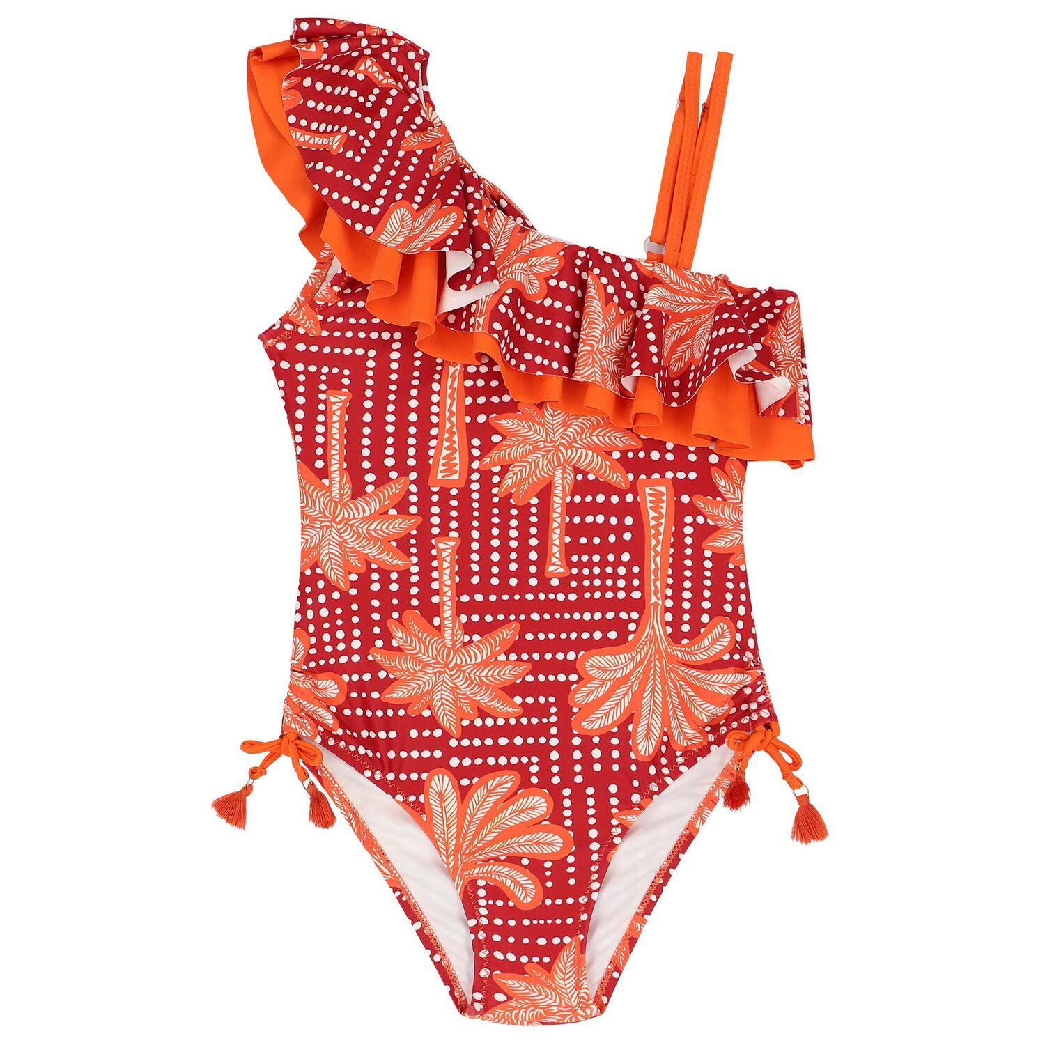 Girls Orange & Pink Palm Tree Swimsuit, 1, hi-res image number null