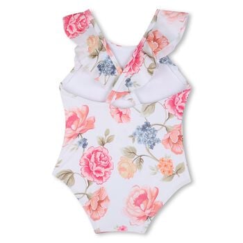 Girls White Floral Logo Swimsuit