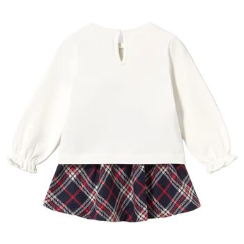 Younger Girls White & Navy Blue Tartan Skirt Set