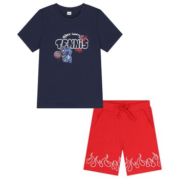 Boys Navy Blue & Red Shorts Set