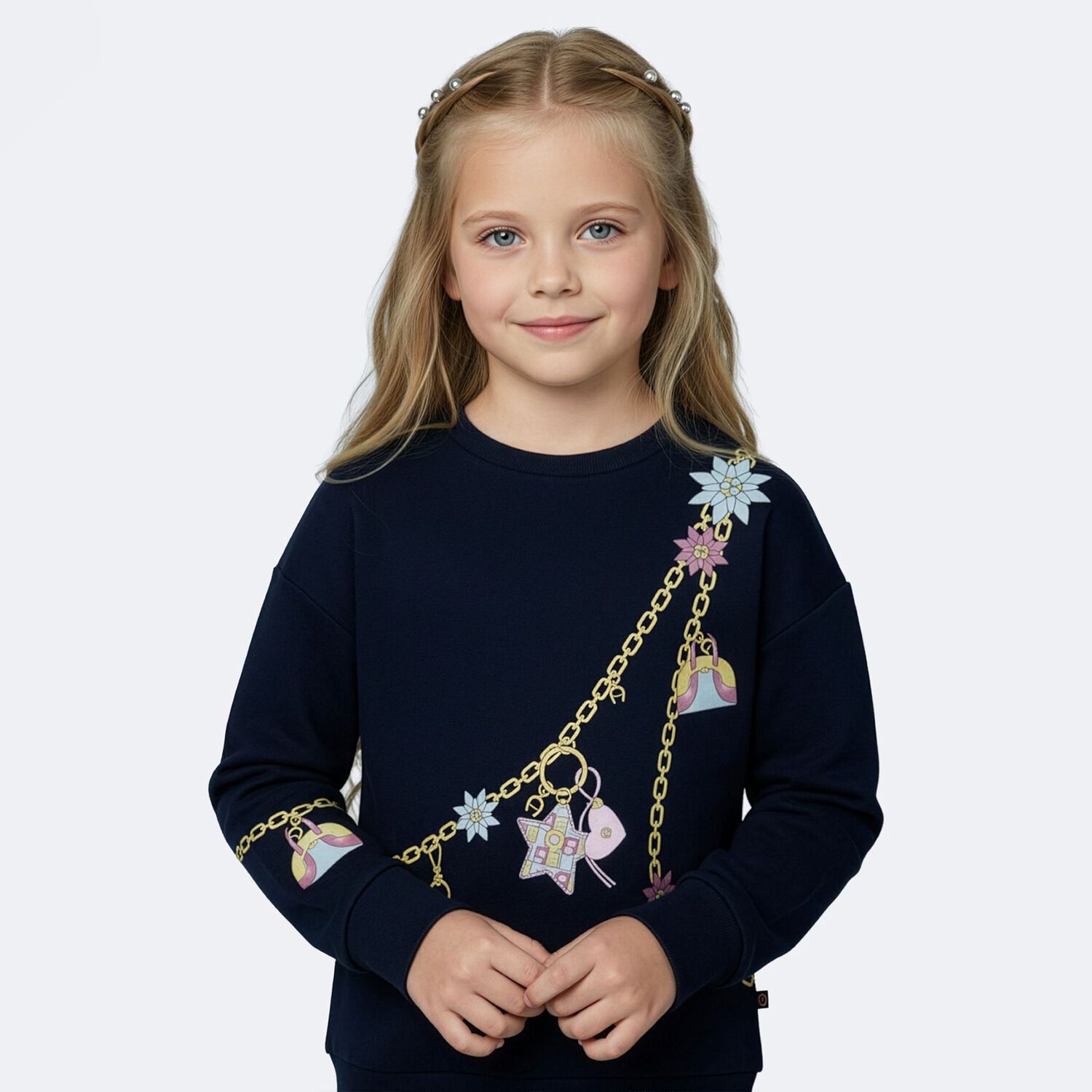 Girls Navy Blue Chain Sweatshirt, 1, hi-res