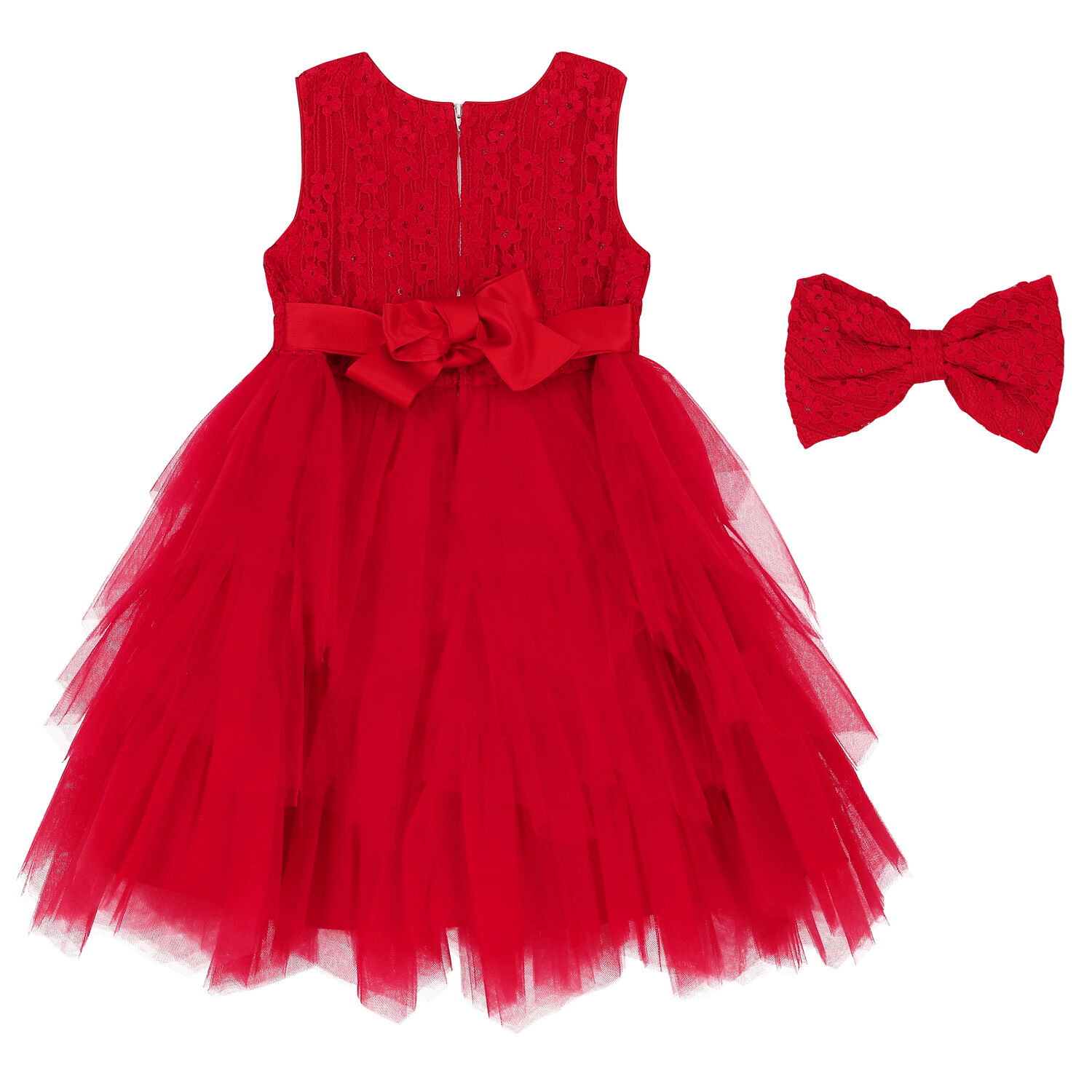 Girls Red Bow Tulle Dress, 1, hi-res