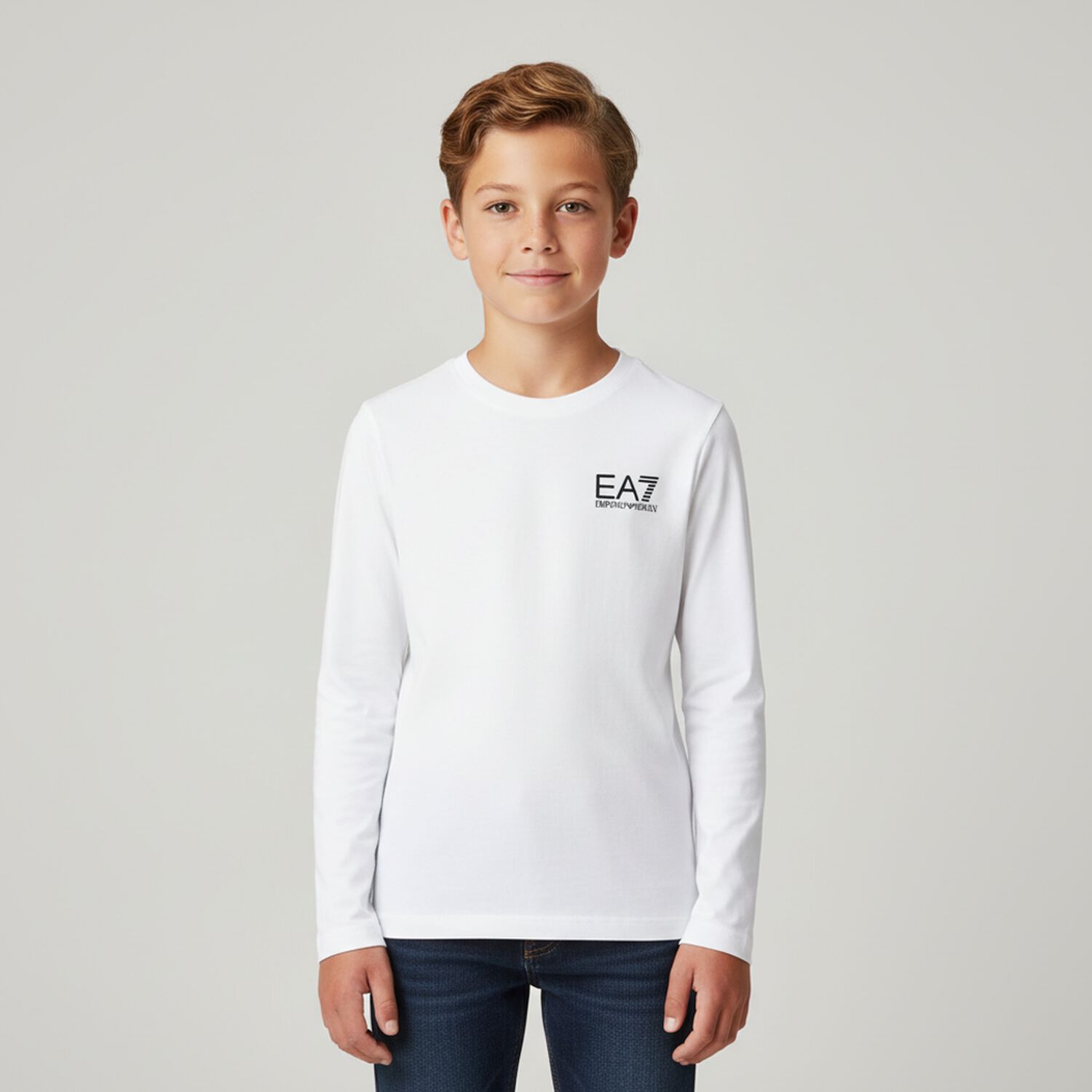Boys White Logo Long Sleeve Top, 3, hi-res