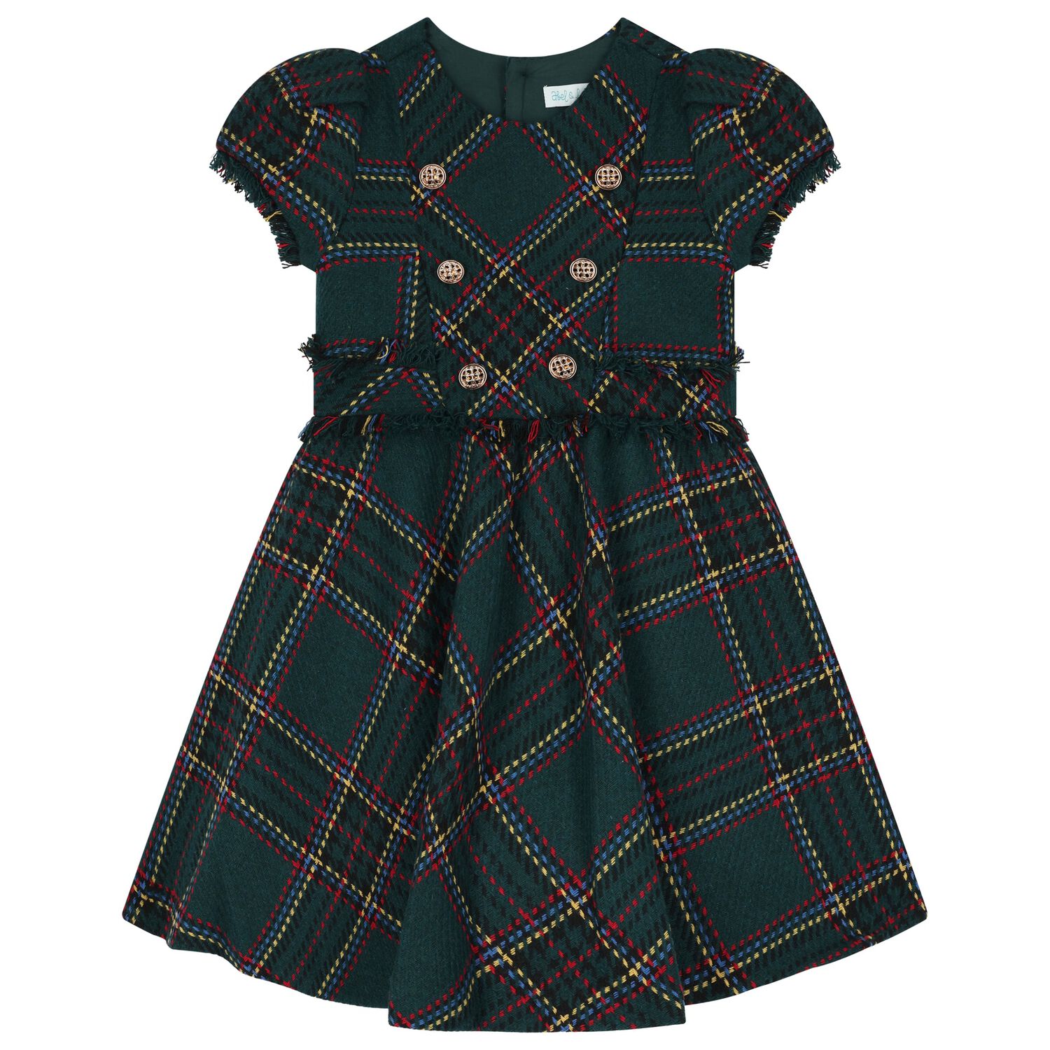 Girls Green Tartan Tweed Dress, 1, hi-res