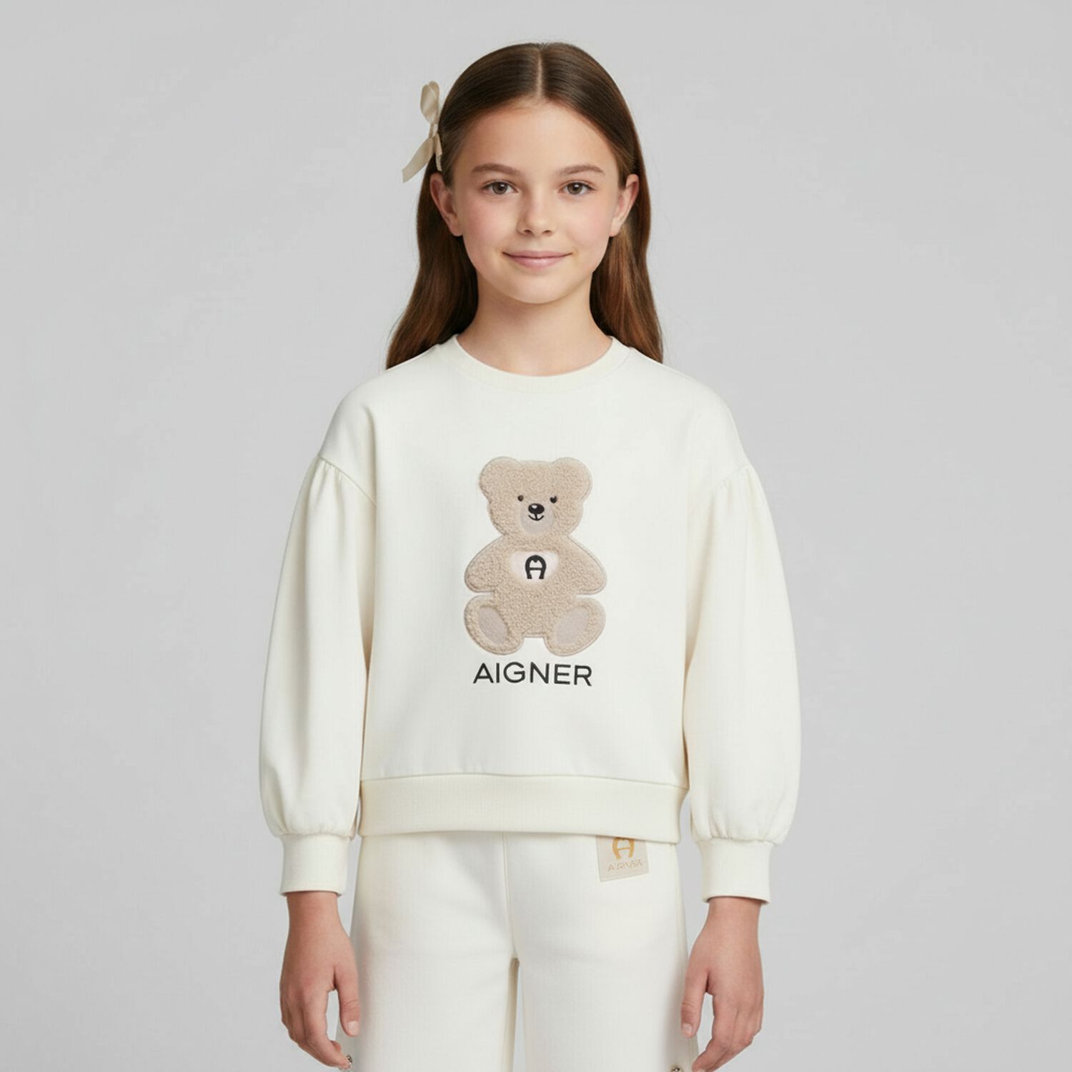 Girls Ivory Teddy Bear Logo Sweatshirt, 1, hi-res