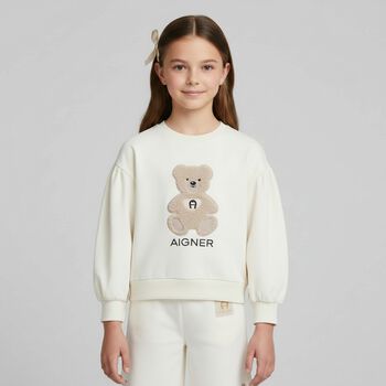 Girls Ivory Teddy Bear Logo Sweatshirt