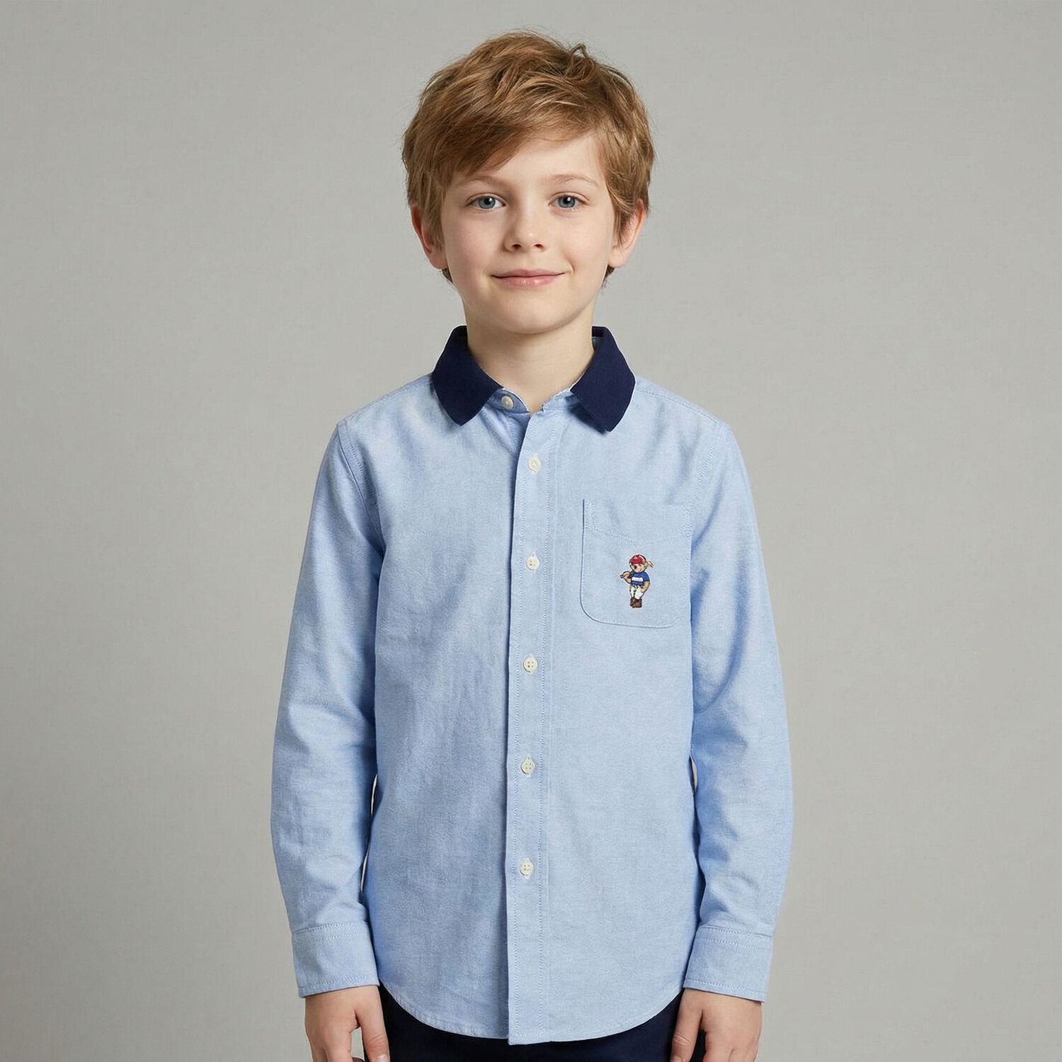 Boys Blue Polo Bear Denim Shirt, 1, hi-res