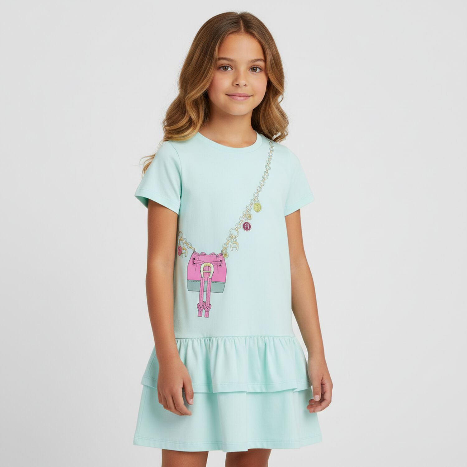 Girls Aqua Logo Bag Dress, 3, hi-res