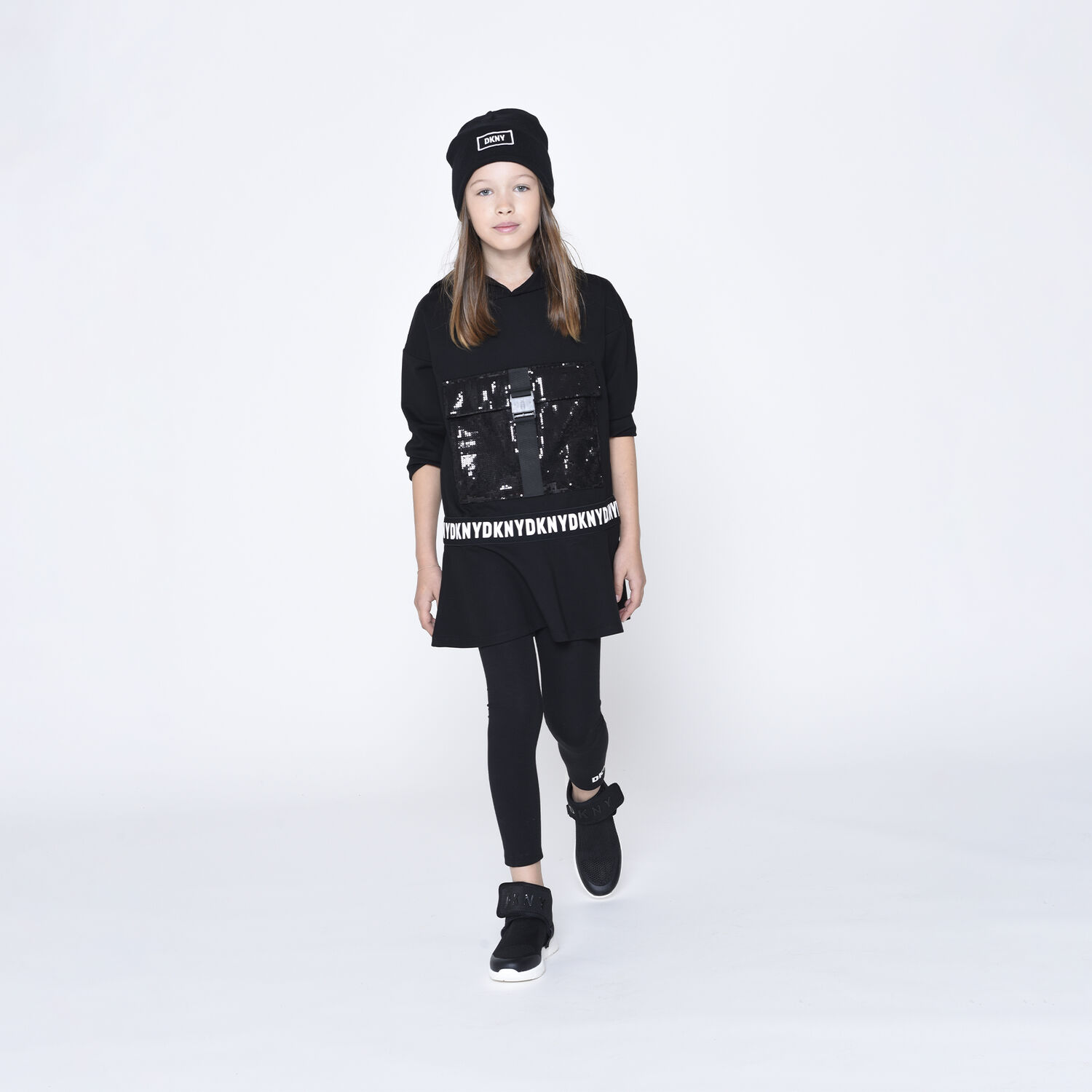 Girls Black Logo Sequin Hooded Dress, 1, hi-res