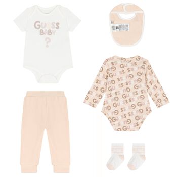 Baby Girls Ivory & Beige Cotton Bodysuit & Pants Gift Set