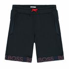 Boys Navy Blue Logo Shorts, 1, hi-res