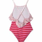 Girls Pink & Red Striped Logo Swimsuit, 1, hi-res
