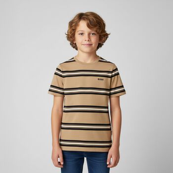 Boys Beige, Black & White Striped Logo T-Shirt