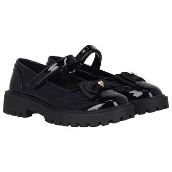 Girls Black Bow Leather Shoes