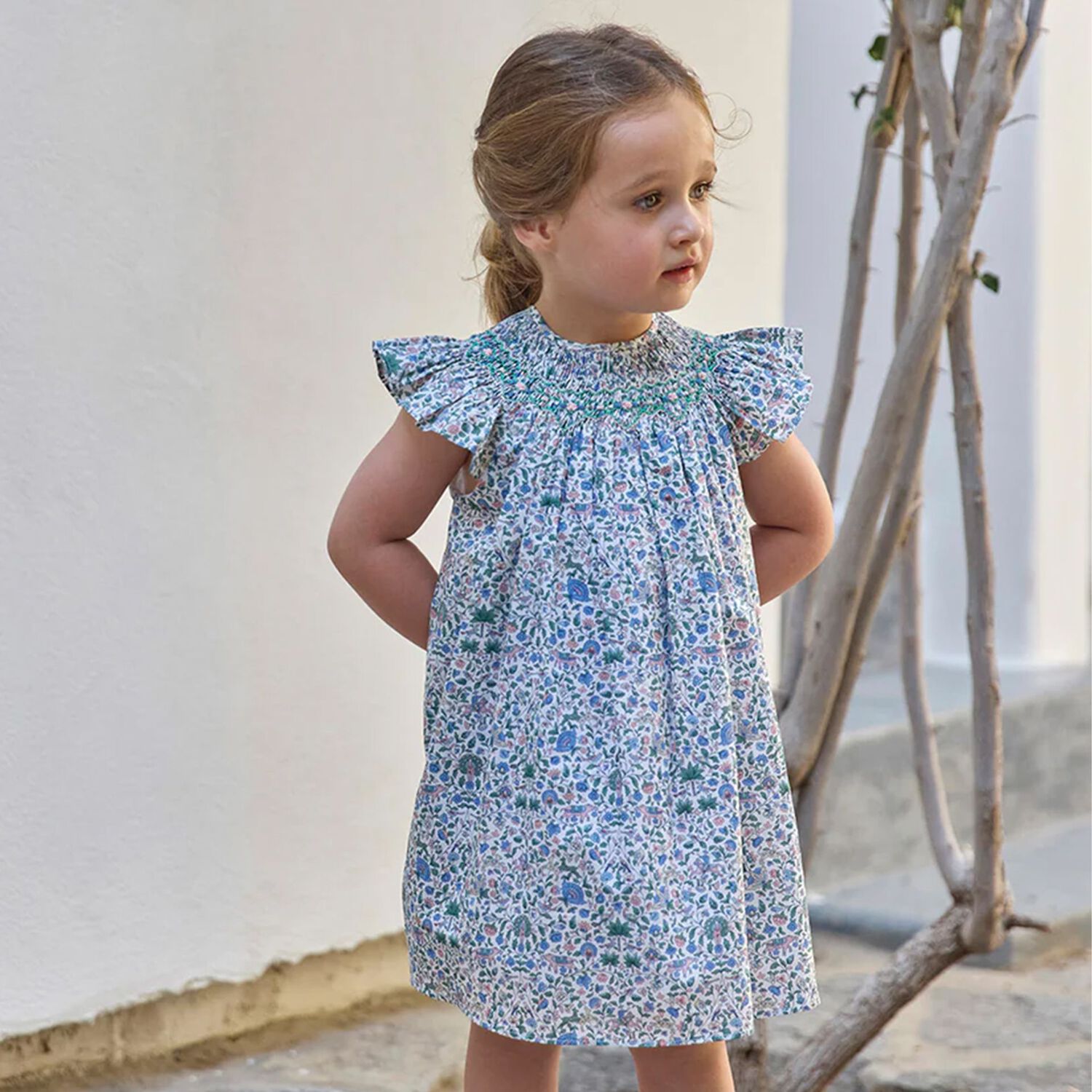 Baby Girls Blue & Green Liberty Print Dress, 1, hi-res