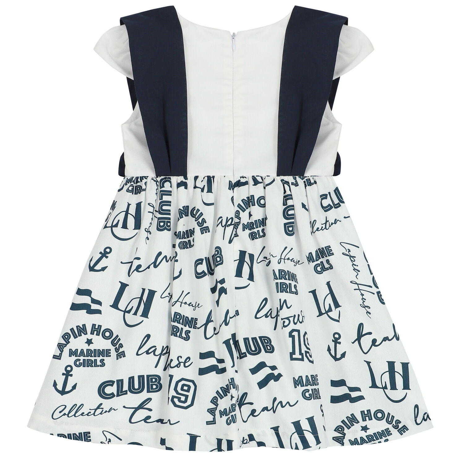 Girls White & Navy Blue Dress, 1, hi-res