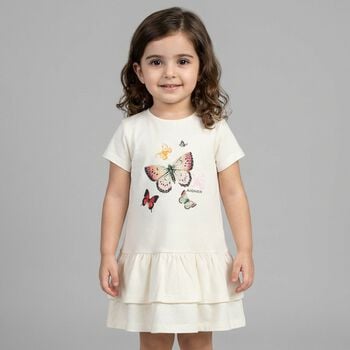 Younger Girls Ivory Butterflies Logo Dress