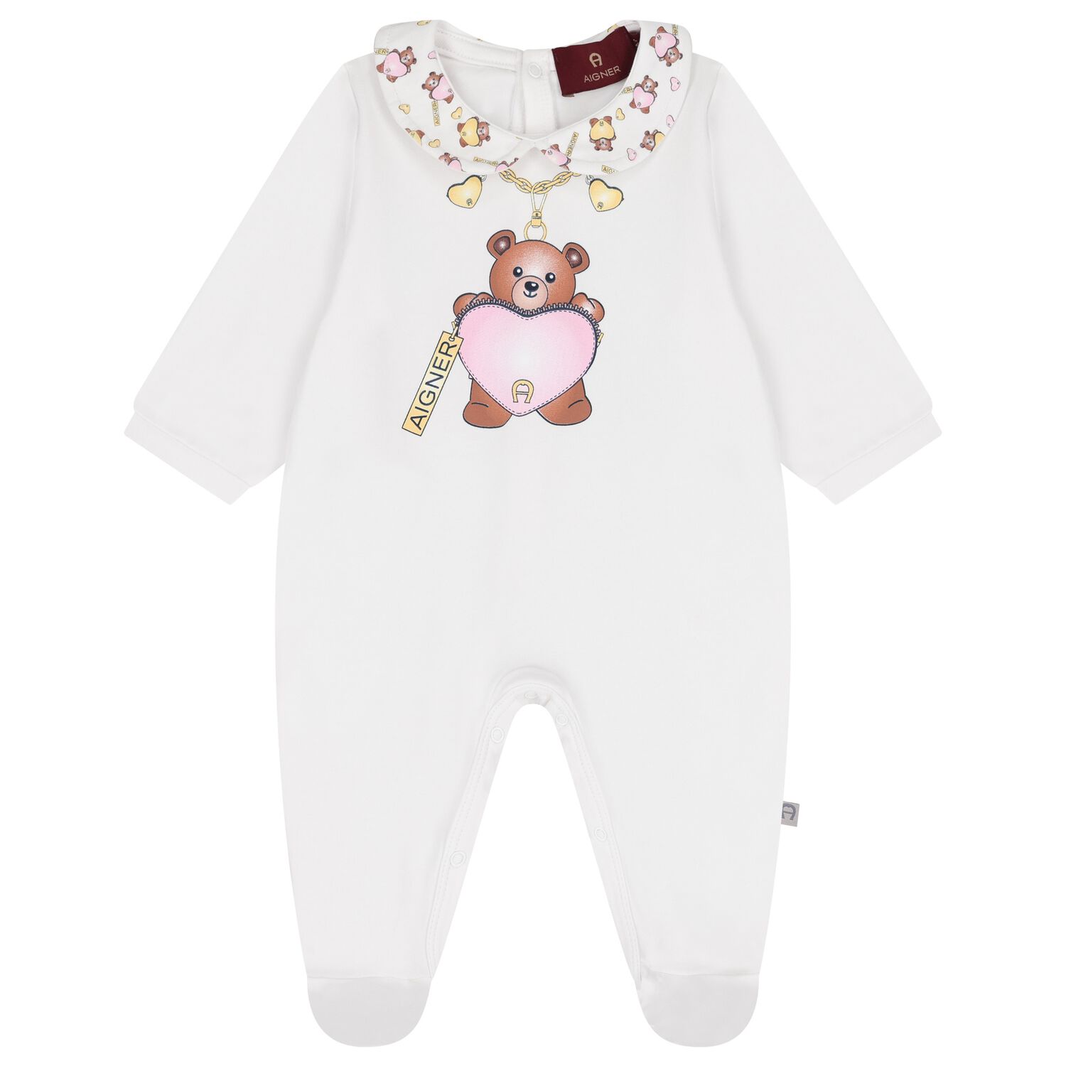 Baby Girls White Teddy Bear Logo Babygrow, 1, hi-res
