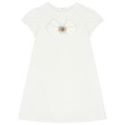 Girls White Bow Diamante Dress, 1, hi-res