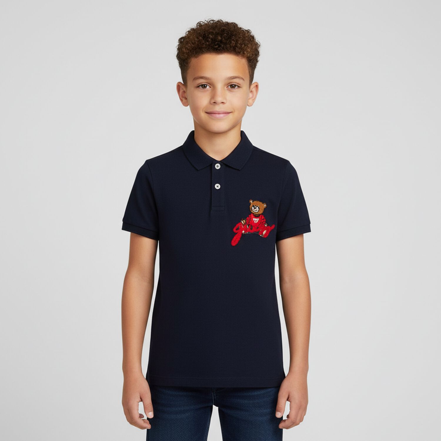 Boys Navy Blue Teddy Bear Polo Shirt, 2, hi-res