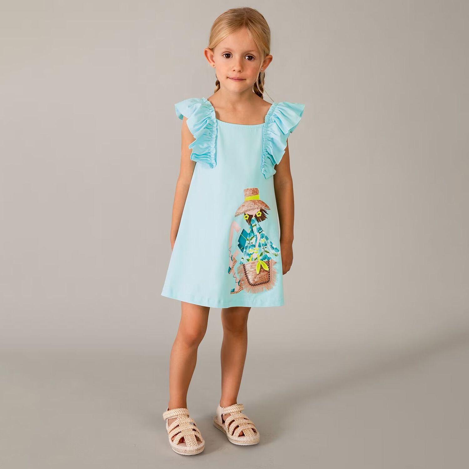 Girls Aqua Ruffled Dress, 1, hi-res