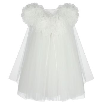 Girls White Organza Floral & Tulle Cape Dress
