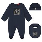 Boys Navy Blue & Gold Babygrow, Hat & Bib Gift Set, 1, hi-res
