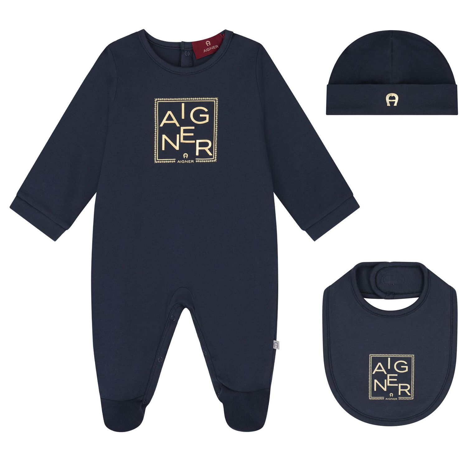 Boys Navy Blue & Gold Babygrow, Hat & Bib Gift Set, 1, hi-res