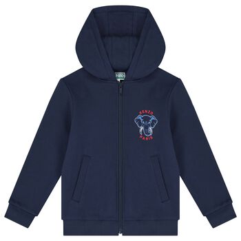 Boys Navy Blue Elephant Logo Hooded Zip Up Top