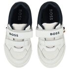 Boys White & Navy Blue Logo Trainers, 2, hi-res