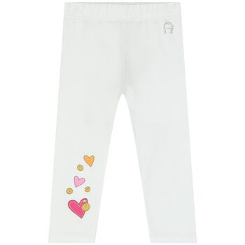 Younger Girls White Heart Leggings