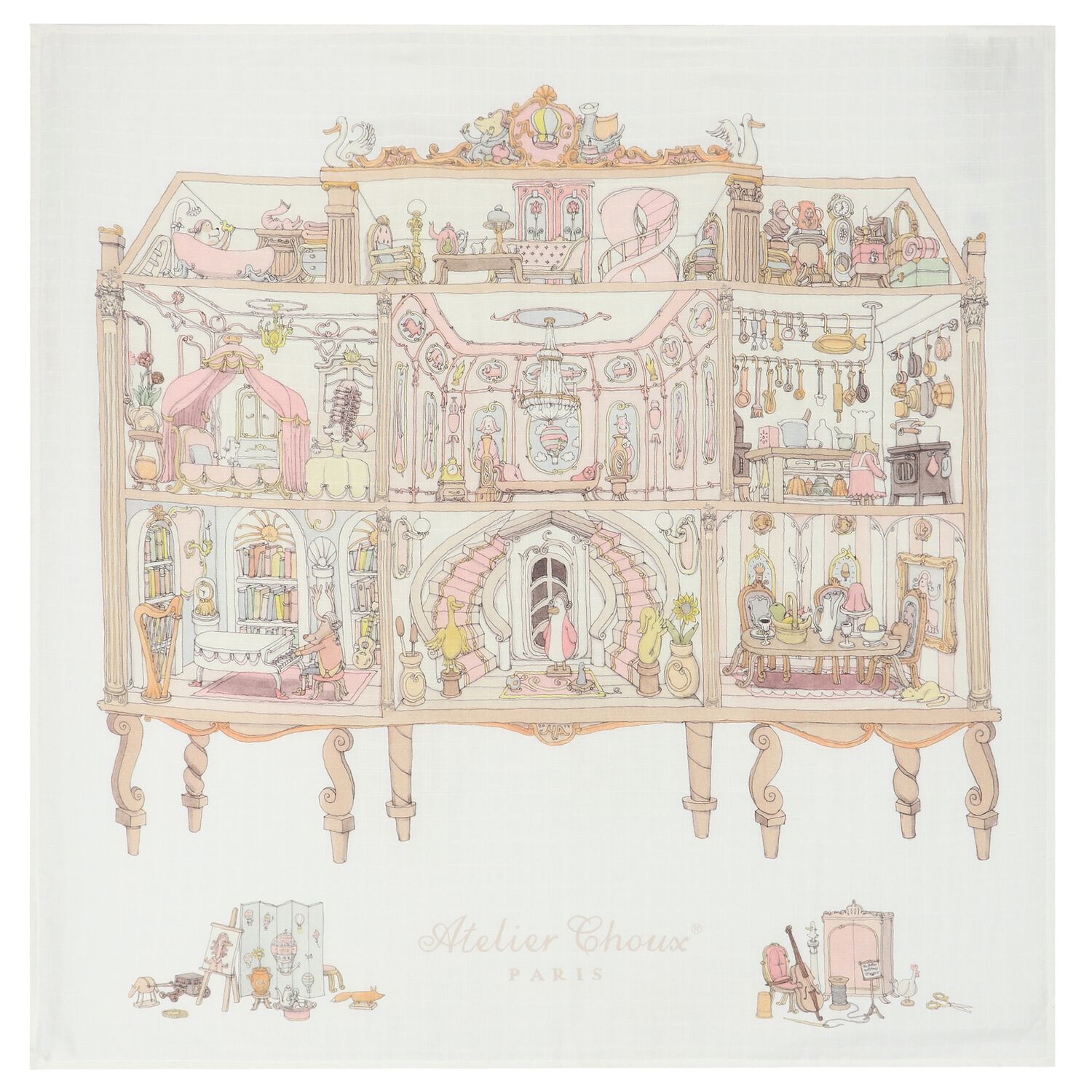 Baby Girls Ivory & Pink Doll House Swaddle Blanket, 1, hi-res