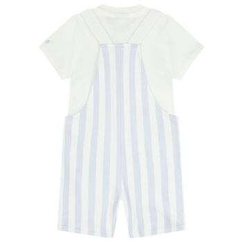 Baby Boys White & Blue Striped Logo Dungaree Set