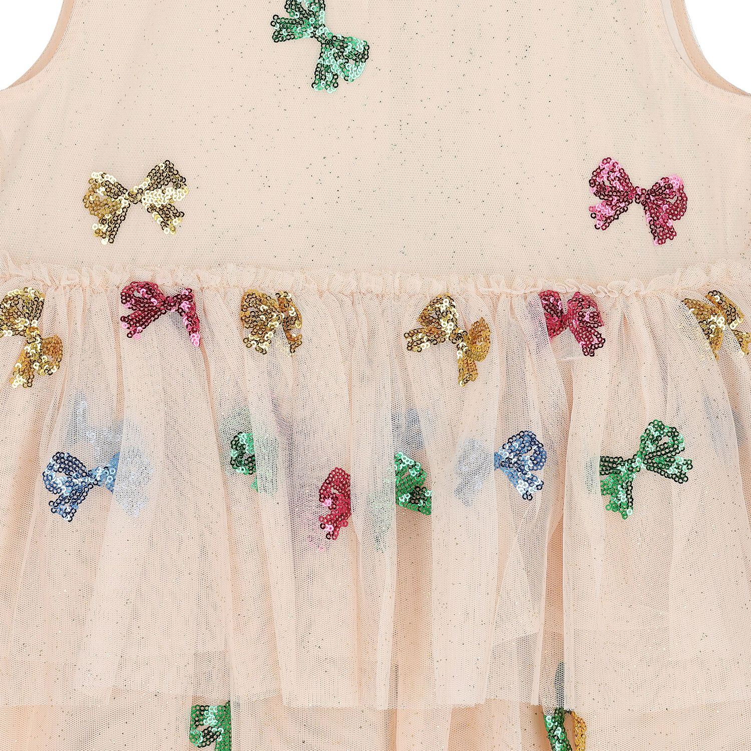 Girls Beige Bow Tulle Dress, 1, hi-res