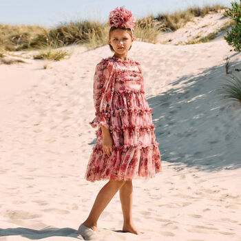 Girls Pink Floral Ruffle Tulle Dress