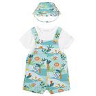 Baby Boys White & Blue Dungaree & Hat Set, 2, hi-res