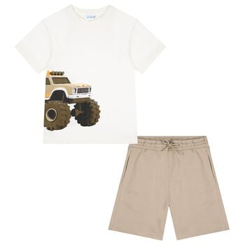 Boys White & Beige Shorts Set