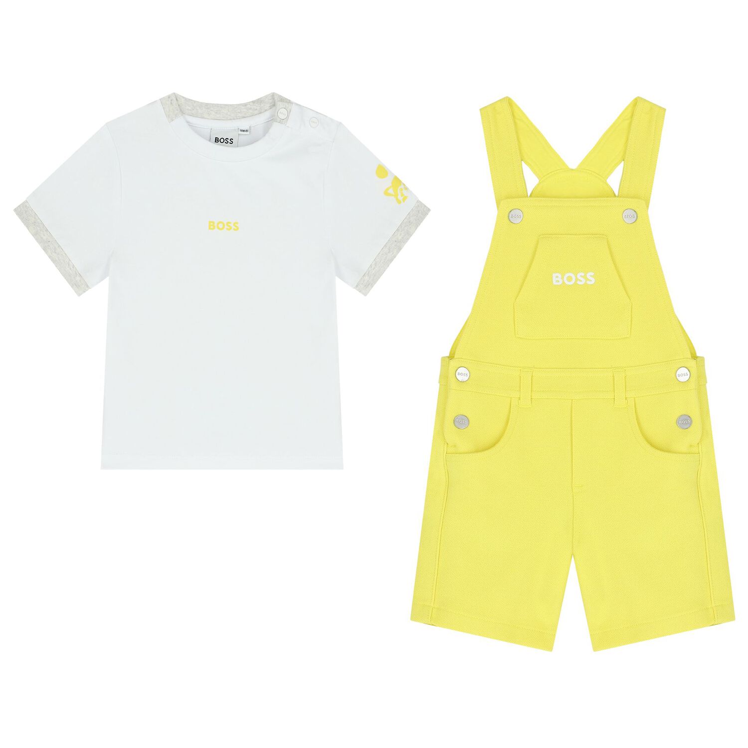 Baby Boys White & Yellow Logo Dungaree Set, 1, hi-res