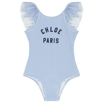 Girls White & Blue Striped Logo Swimsuit